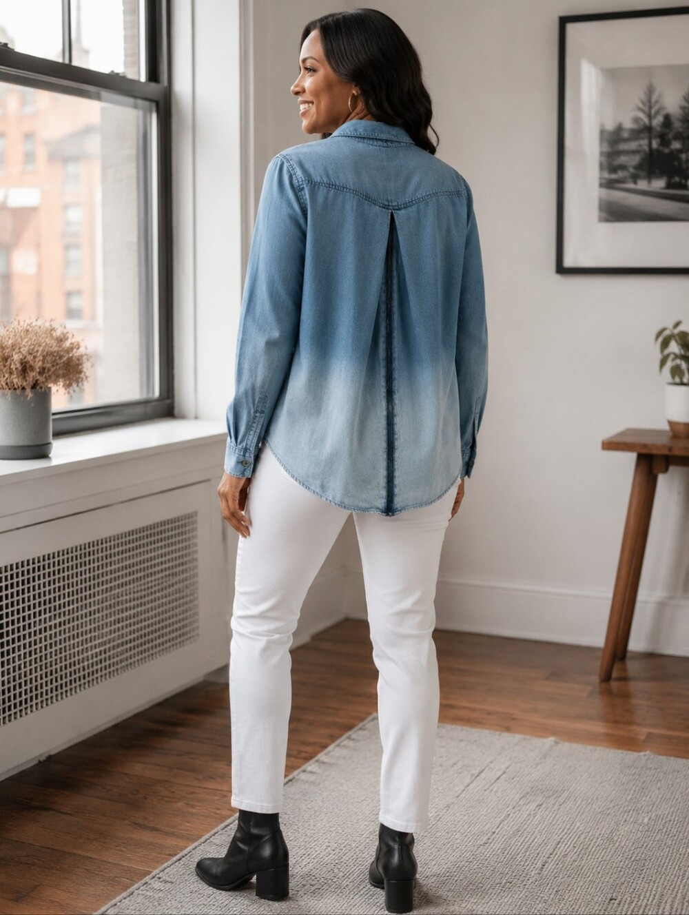 Walter Baker Ombré Blue Denim Back Zip Up Long Sleeves Gunmetal Button Blouse